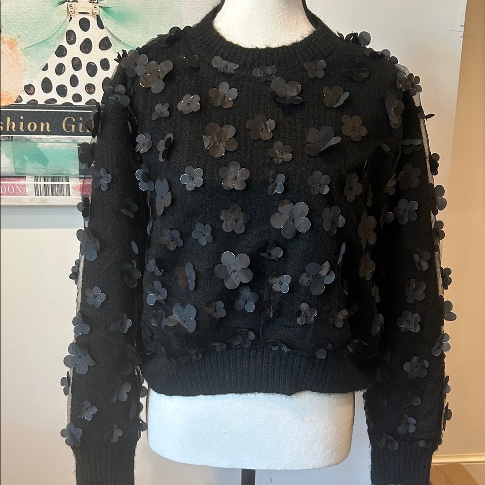 Black Floral Appliqué Sweater by Camellia